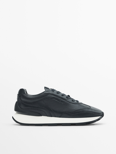 Massimo Dutti Premium Brushed Leather Trainers In Blue
