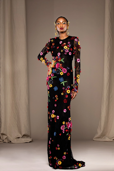 Naeem Khan Floral Embroidered Lace Gown