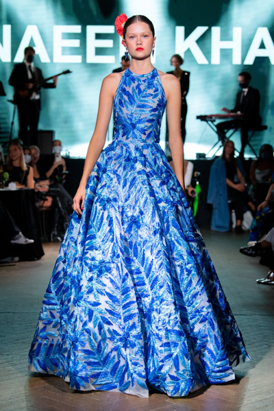 Naeem Khan Floral Pleated Ribbon Embroidered Ballgown