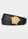 Versace La Medusa Leather Belt Man Belt Black Size 39.5 Calfskin In Black Warm Gold