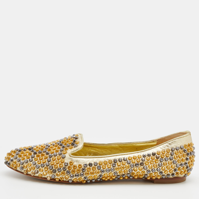 Pre-owned Alexander Mcqueen Metallic Gold Leather Stud Embellished Smoking Slippers Size 38