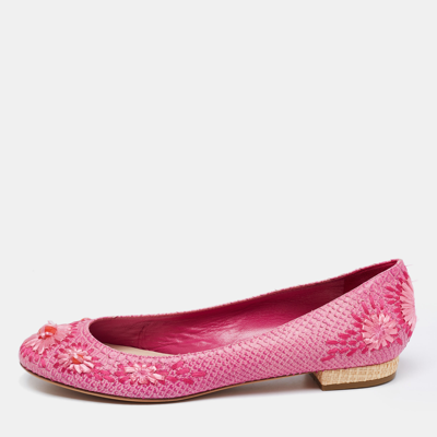 Pre-owned Dior Pink Python Leather Floral Raffia Ballet Flats Size 40.5