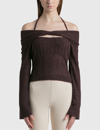 Jonathan Simkhai Cambria Sheer Alpaca Ls Off Shoulder W Halter Ties In Brown