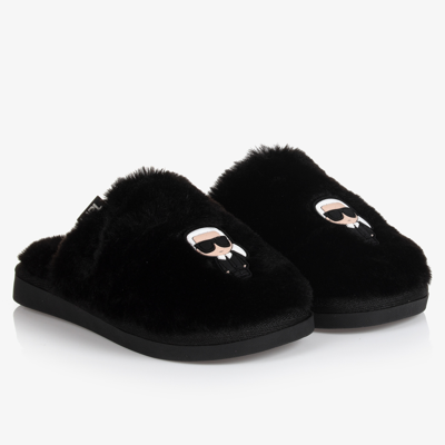 Karl Lagerfeld Girls Teen Black Faux Fur Slippers