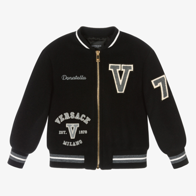 Versace Kids' Versity Logo Patch Wool Blend Varsity Jacket In Black