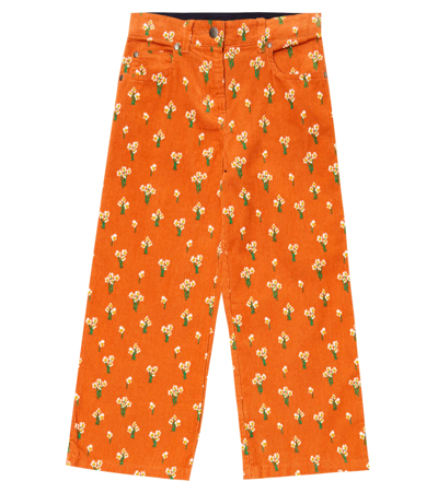 Stella Mccartney Kids' Floral Wide Cotton Corduroy Pants In Orange