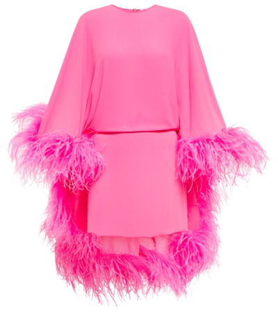 Attico Milton Cape-back Feather-trim Crepe Dress In Fuchsia