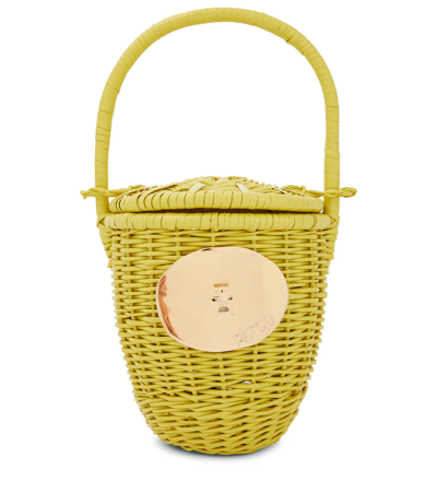 Patou Embellished Small Wicker Basket Bag In Yellow