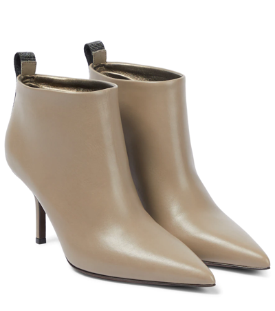 Brunello Cucinelli Beaded Leather Ankle Boots In Beige