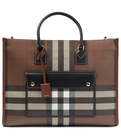 Burberry Freya Medium Canvas Tote Bag In Dark Birch Brown Chk