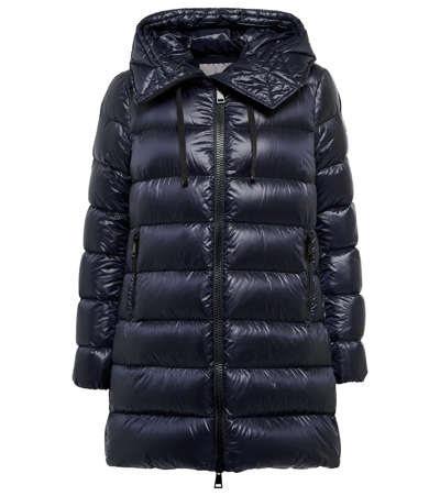 Moncler Suyen Longline Puffer Down Jacket In Blue