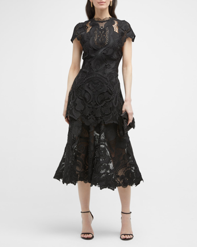 Jonathan Simkhai Guipure Lace Belted Midi Dress In Black