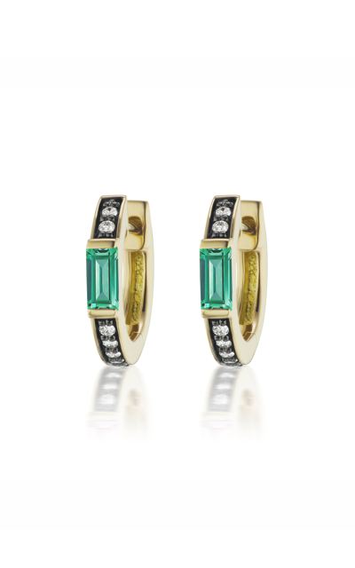 Sorellina Gemstone 18k Yellow Gold Diamond; Emerald Huggie Earrings In Green
