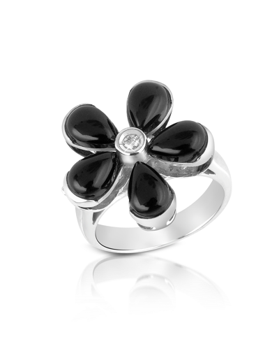 Del Gatto Rings Diamond And Onyx Flower 18k Gold Ring