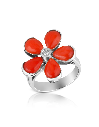 Del Gatto Rings Diamond And Red Coral Flower 18k Gold Ring