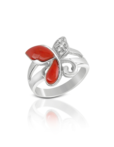 Del Gatto Rings Diamond And Red Coral Butterfly 18k Gold Ring
