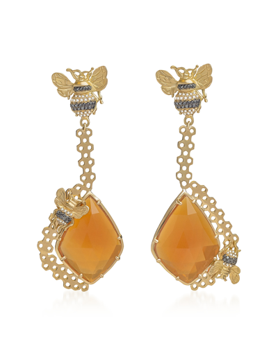 Bernard Delettrez Earrings Gold Bee Earrings With Orange Opales In Doré
