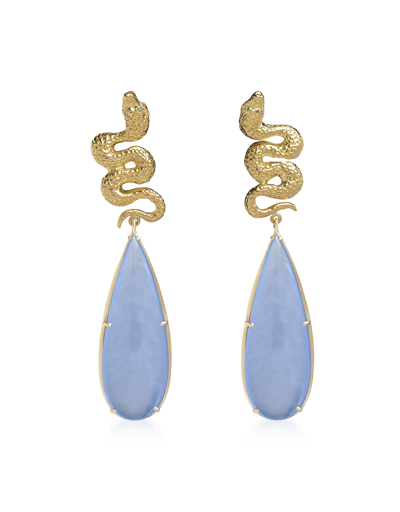 Bernard Delettrez Earrings Gold Earrings With Diamonds And Drop Chalcedony In Bleu