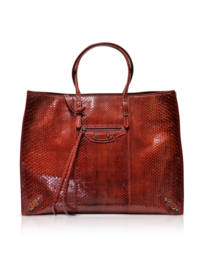 Balenciaga Handbags Red Python Leather Papier A4 Tote Bag In Rouge
