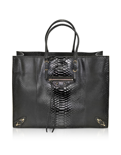 Balenciaga Handbags Black Python Leather Paper A4 Tote Bag In Noir
