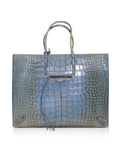 Balenciaga Handbags Powder Python Leather Paper A4 Tote Bag In Bleu
