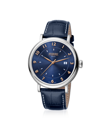 Ferre Milano Designer Men's Watches Blue Quartz Men's Watch W/ Croco Embossed Leatherstrap In Bleu