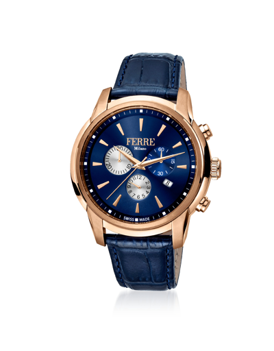 Ferre Milano Designer Men's Watches Blue Dial And Rose Gold-tone Stainless Steel Quartz Men's Chronograph Watch In Bleu