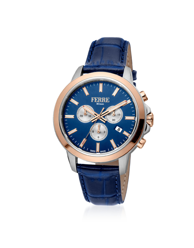 Ferre Milano Designer Men's Watches Blue Dial Stainless Steel Men's Watch W/croco Embossed Leather Strap In Bleu