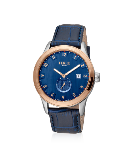 Ferre Milano Designer Men's Watches Blue Dial Rose Gold Tone Stainless Steel Men's Watch W/leather Strap In Bleu
