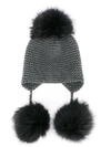 INVERNI FOX FUR TRIPLE POM POM BEANIE HAT,025211869310