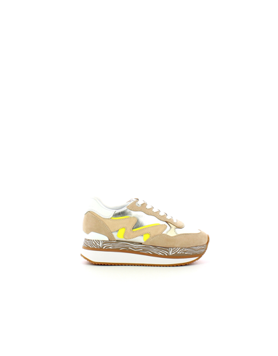 Manila Grace Shoes Beige Suede And Silver Leather Flatform Running Sneakers In White