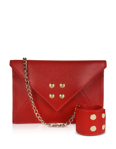 Omely® Handbags Saffiano Leather Envelope Bag With Wristlet In Rouge Rubis