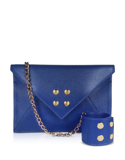 Omely® Handbags Saffiano Leather Envelope Bag With Wristlet In Bleu Océan Foncé