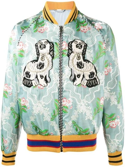 Gucci Embroidered  Jacquard Bomber Jacket, Blue In Floral Jacquard