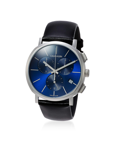 Calvin Klein Collection Designer Men's Watches Posh Men's Stainless Steel Chronograph Watch W/blue Dial And Leather Strap In Bleu