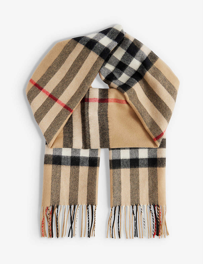 Burberry Giant Check Fringed Cashmere Scarf In Beige