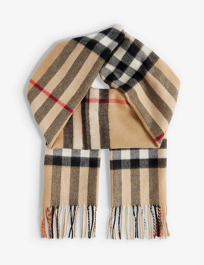 Burberry Womens Archive Beige Giant Check Fringed Cashmere Scarf In Beige/black
