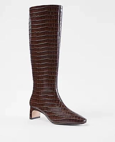 Ann Taylor Embossed Leather Blade Heel Boots In Dark Brown