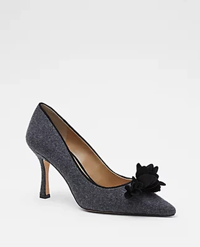 Ann Taylor Petal Embellished Flannel And Suede Pumps In Heathered Onyx