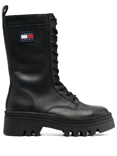 Tommy Jeans Twelve Logo-patch Leather Boots In Schwarz