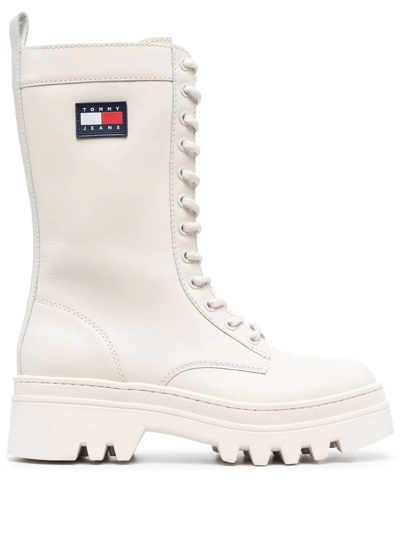 Tommy Jeans Twelve Logo-patch Leather Boots In Weiss