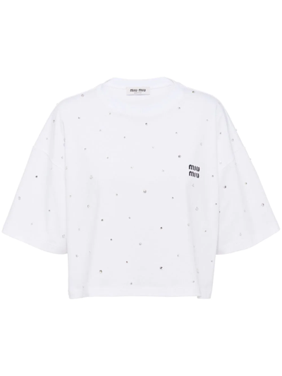 Miu Miu Embroidered-logo Cotton T-shirt In White