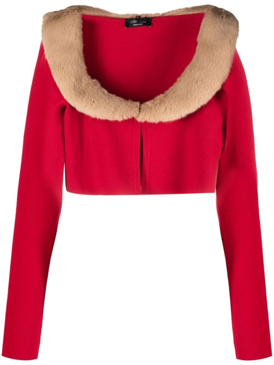 Blumarine Faux Fur-trim Slim-fit Woven Knitted Cardigan In Red