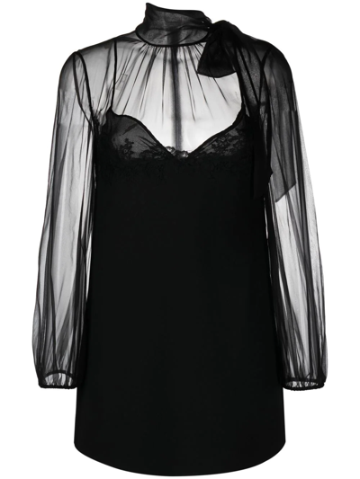 Valentino Mixed-media Lace Neck-tie Mini Dress In Black