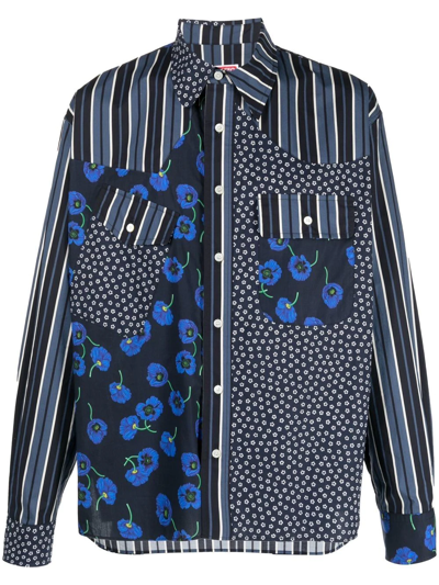 Kenzo Poppy-print Panel Detail Shirt In Blue