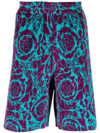 Versace Barocco Silhouette-print Silk Shorts In Blau