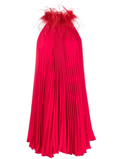 Styland Feather-trim Pleated Dress In Rot