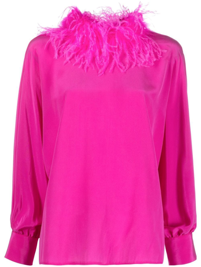 Styland Feather-trim Long-sleeved Blouse In Rosa