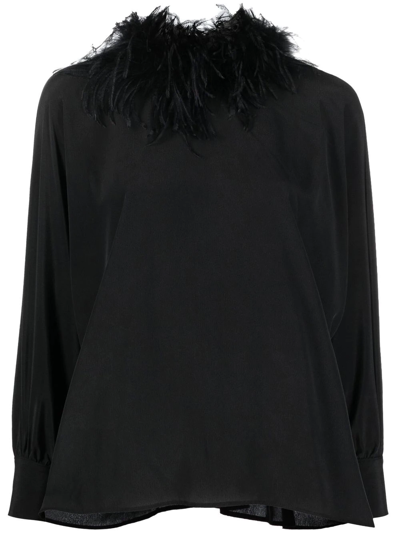 Styland Feather-trim Long-sleeved Blouse In Schwarz