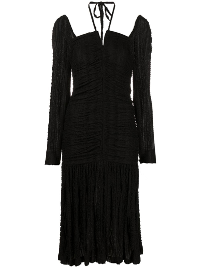 Ganni Halter Neck Long Sleeve Stretch Lace Midi Dress In Black